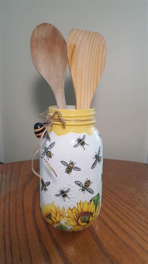 HONEY BEE Sunflower Mason Jar Vase Mason Jar Centerpiece Decoupage