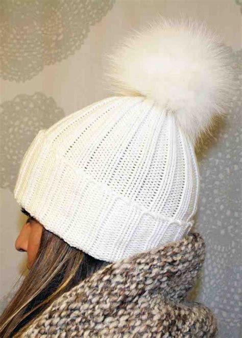 Ribbed Knit Fur Pom Pom Hat Wool Hat Knit Winter Hats Beanie Wool