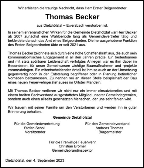 Traueranzeigen Von Thomas Becker Vrm Trauer De