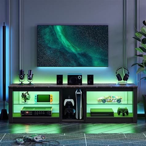 Bestier Tv Stand With Adjustable Led Light Black Marble Finish