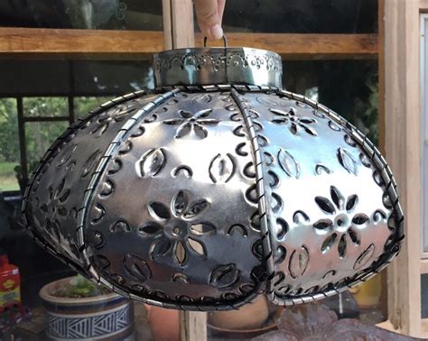 Vintage Mexican Punched Tin Hanging Lampshade Metal Pendant Light