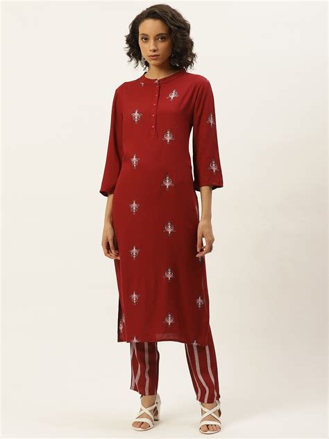 Buy Moda Rapido Women Maroon Ethnic Motifs Embroidered Kurta With