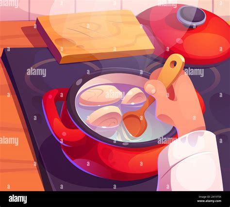 Pan On Stove Hot Water Cook In Pot With Handle Saucepan With Boil Food And Hand Mixing On
