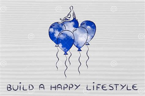 Person Sitting On Balloons With Sky Fill Metaphor Of A Happy Stock