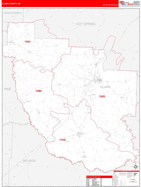 Clark County, AR Zip Code Wall Map Red Line Style by MarketMAPS