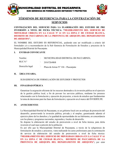 Términos DE Referencia Calle 61 P J Ciudad Blanca SUB GERENCIA DE