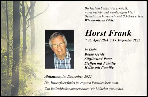 Traueranzeigen Von Horst Frank Trauerportal Ihrer Tageszeitung