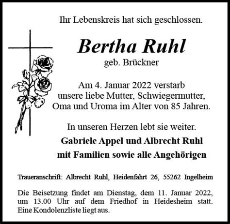 Traueranzeigen Von Bertha Ruhl Vrm Trauer De