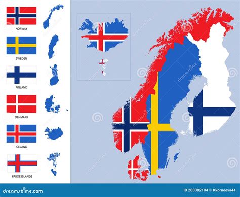 Detailed Map Of Scandinavia With Country Silhouettes And Flags Vector