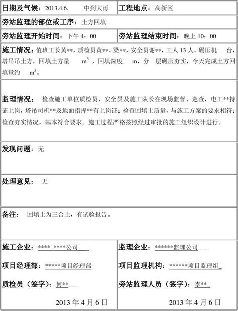 《旁站监理记录表》填写范例word文档在线阅读与下载无忧文档