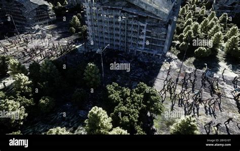 Horror Zombie Crowd Walking Destroyed City Apocalypse View Concept