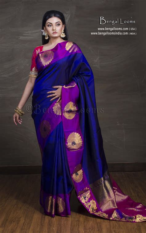 Pure Kanjivaram Silk Saree In Dark Blue Purple And Gold Saree Party Wear Sarees Women