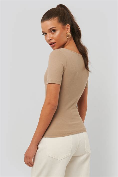 Ribbed Short Sleeve Top Beige Na