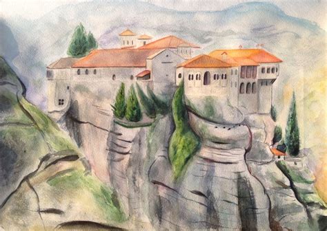 Meteora Monastery In Greece Original Watercolor Painting