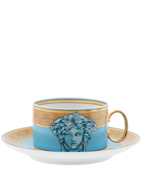 Versace Medusa Amplified Blue Coin Tea Cup And Saucer In Nude Modesens