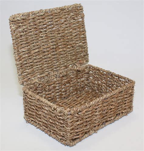 Natural Seagrass Oblong Storage Baskets Box Hamper With Lid Small Cm