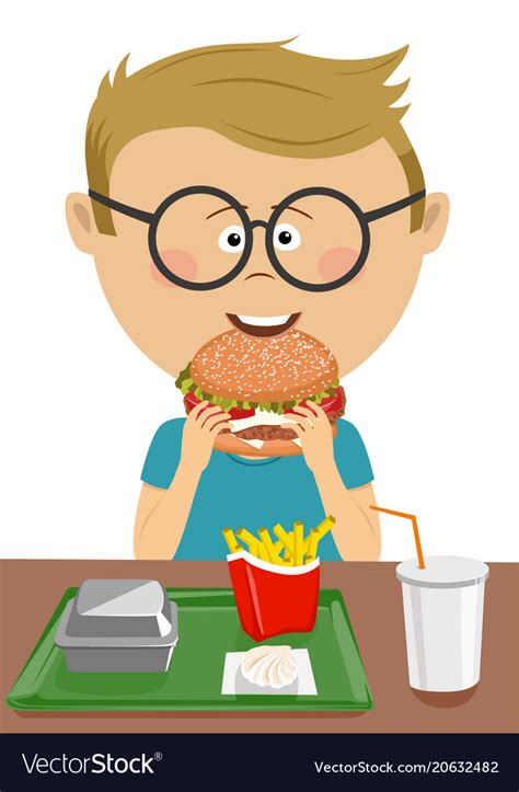 Cute Schoolboy Eating Burger In School Canteen Vector Image