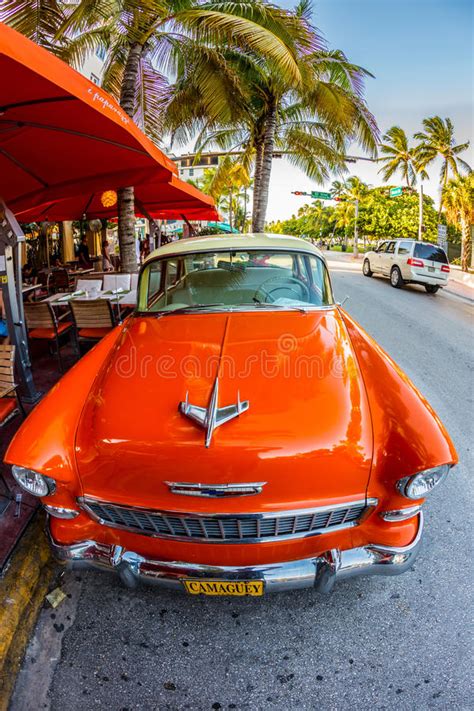 Vintage Car In Famous Ocean Drive In Miami South Editorial Photography