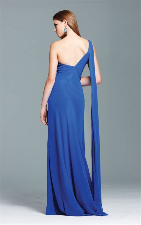 Floor Length One Shoulder Low Back Sweep Train Royal Blue Column Sexy