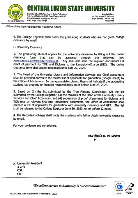 Procedure For Filing Graduation Clearance Clsu Admissions