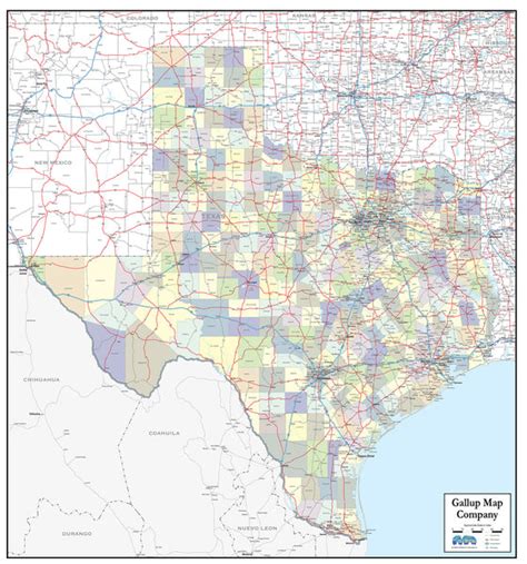 Texas Laminated Wall Map County and Town map With Highways - Gallup Map