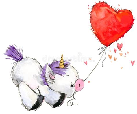 Ejemplo Lindo De La Acuarela Del Unicornio Tarjeta Del Amor Stock De