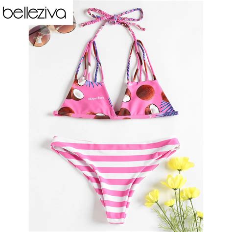 Belleziva New Sexy Halter Strappy Coconut Print Strappy Bikini Set