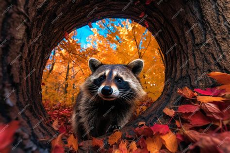 Premium Ai Image A Raccoon In A Tree With Autumn Leaves