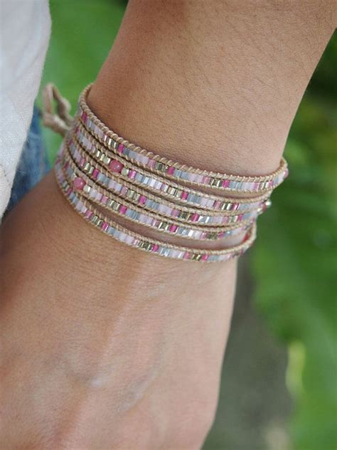 Pink Seed Beaded Mix Wrap Bracelet Boho Wrap Bracelet Beadwork