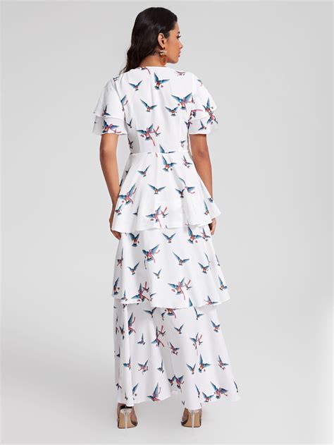 Caterine Sanchez Bird Print Tie Neck Layer Hem Maxi Dress SHEIN USA