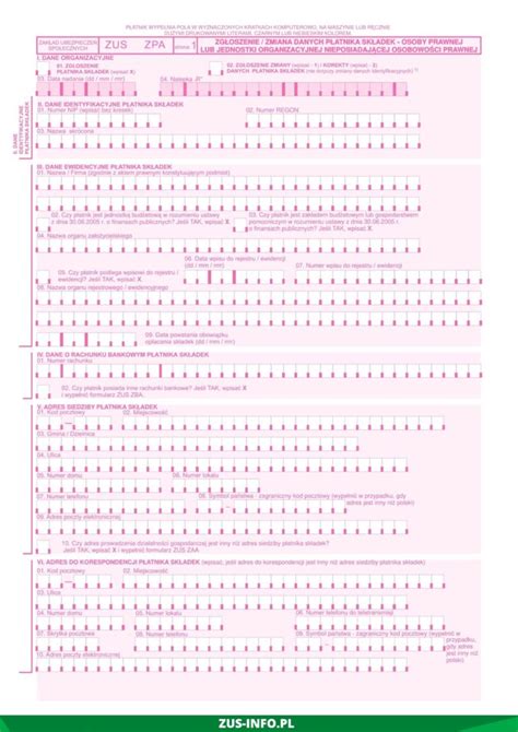 Formularz ZUS ZPA zgłoszenie zmiana danych płatnika składek