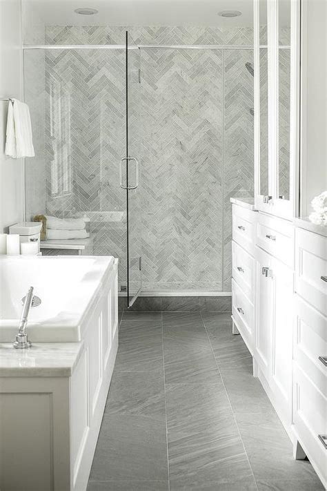 White And Gray Bathroom With Gray Marble Herringbone Shower Tiles Transitional Bathroom