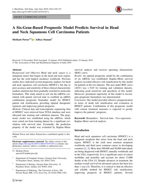 Pdf A Six Gene Based Prognostic Model Predicts Survival In Head And