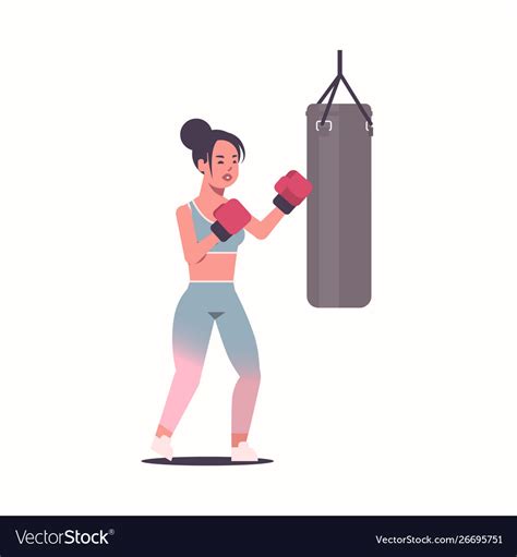 Woman Boxer Doing Exercises With Punching Bag Vector Image