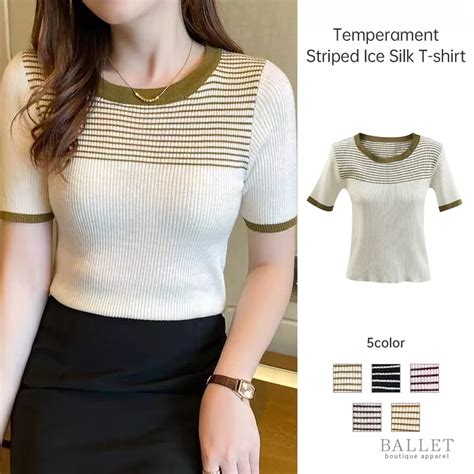 Unique Temperament Striped Short Sleeve Women Summer Top Commuter Style T Shirt Bb Shopee