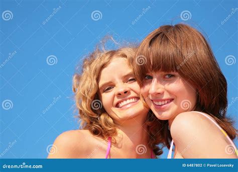 Smile Faces Girls on Summer Sky Stock Photo - Image of happy, blonde ...