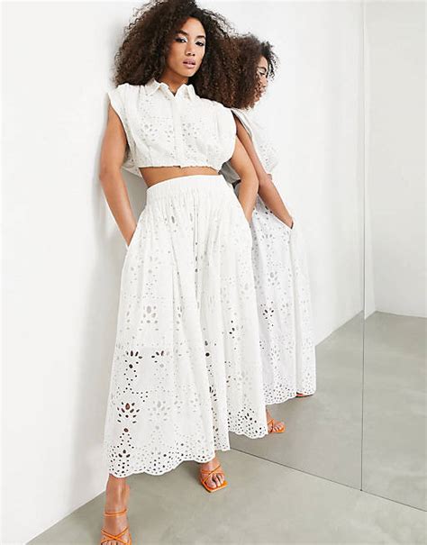 Asos Edition Cropped Broderie Shirt And Pleat Waist Broderie Midi Skirt