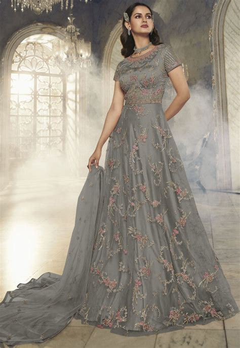 Buy Embroidered Net Abaya Style Suit In Grey Online KJC2150 Utsav