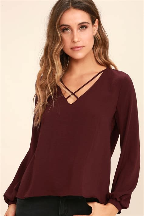 Chic Burgundy Top Long Sleeve Top Blouse V Neck Top 34 00 Lulus