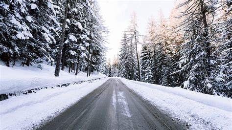 Road Through A Winter Forest Forest Road Snow Winter HD Wallpaper