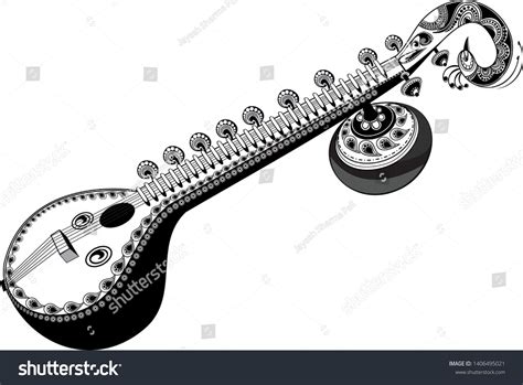 Artistic Line Drawing Of Indian Classical Music Instrument Sitar With