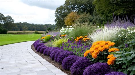 Colorful flowerbed bordering paved path in a garden 59893281 Stock