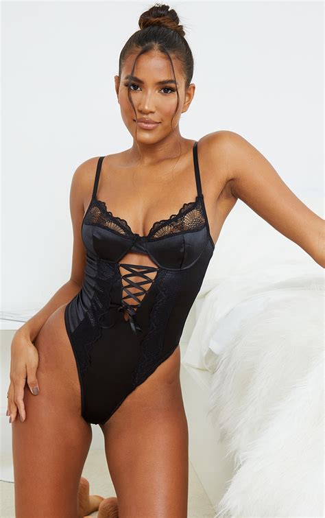 Black Lace Up Lace And Satin Body Lingerie Nightwear Plt Aus