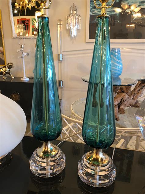 Vintage Murano Aqua Blue Glass Brass Lucite Table Lamp A Pair At 1stdibs Blue Glass Lamp