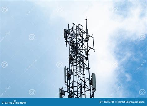 Wave Transmission Mast Large Phone Signal With A Bright Blue Sky