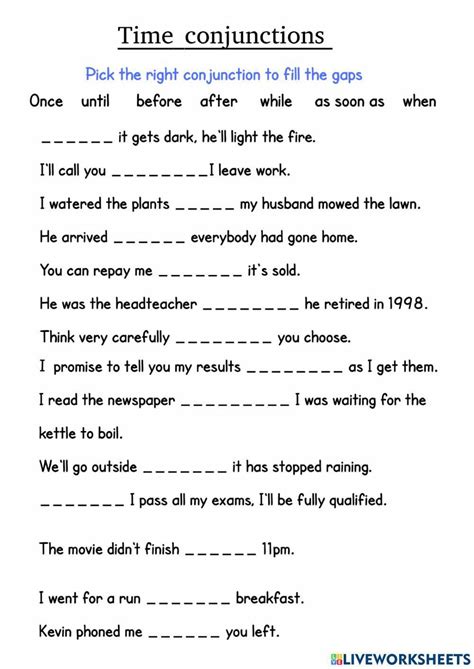 Time Conjunctions Interactive Worksheet Live Worksheets Worksheets Library