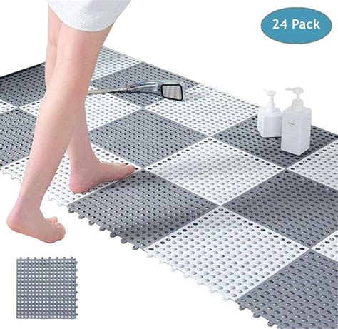 Nisorpa Interlocking Bath Shower Mats Non Slip 24pcs Bathroom Floor Tiles 30 X 30cm Square Anti