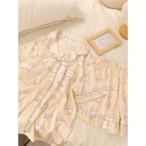 BỘ LỤA MẶC NHÀ CỘC TAY HỌA TIẾT THỎ MÈO HOT Shopee Việt Nam