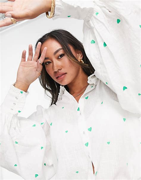 Yas Cotton Embroidered Green Heart Shirt In White Asos