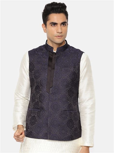 Buy Ethnix By Raymond Men Black And Blue Printed Nehru Jacket - Nehru Jackets for Men 8602949 ...